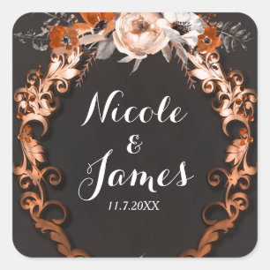 Autumn Fall Wedding Orange Floral Flowers Favour Square Sticker