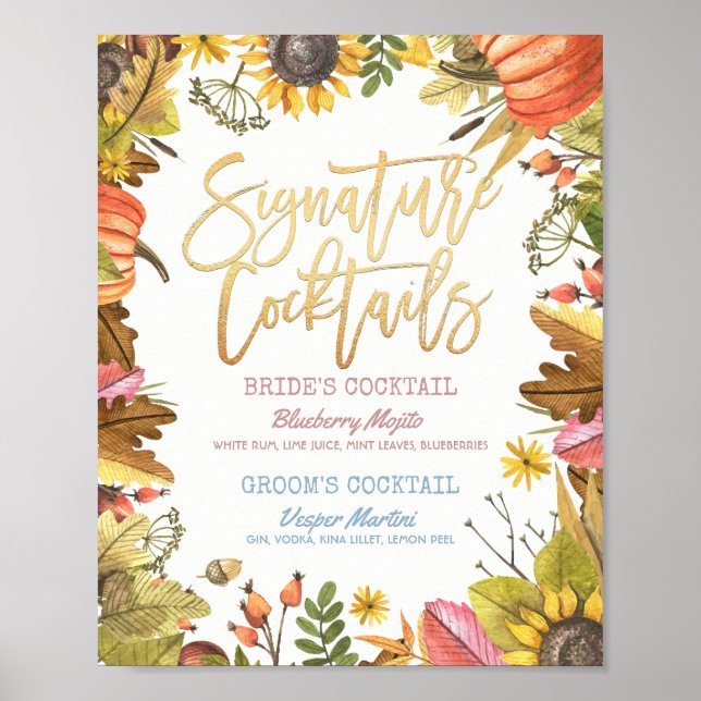 Autumn Fall Wedding Signature Cocktail Drink Menu Poster (Front)