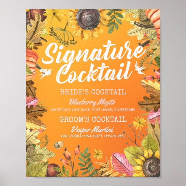 Autumn Fall Wedding Signature Cocktail Drink Menu  Poster (Front)