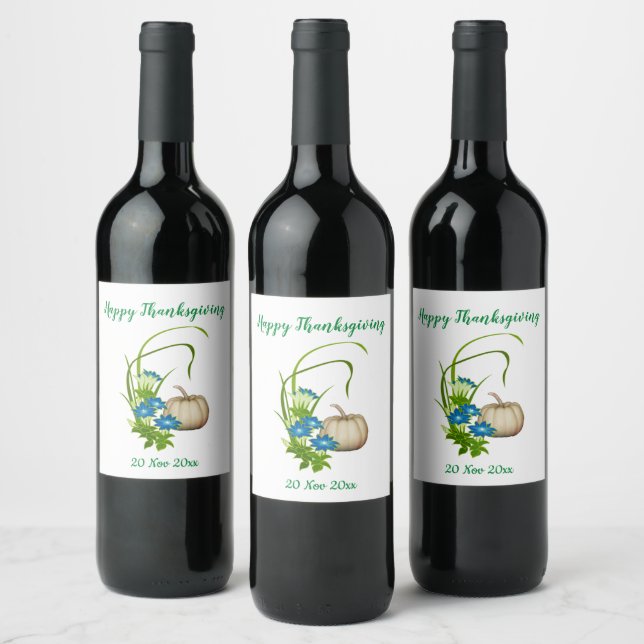 Autumn Fall White Pumpkin Floral Thanksgiving Wine Label (Bottles)