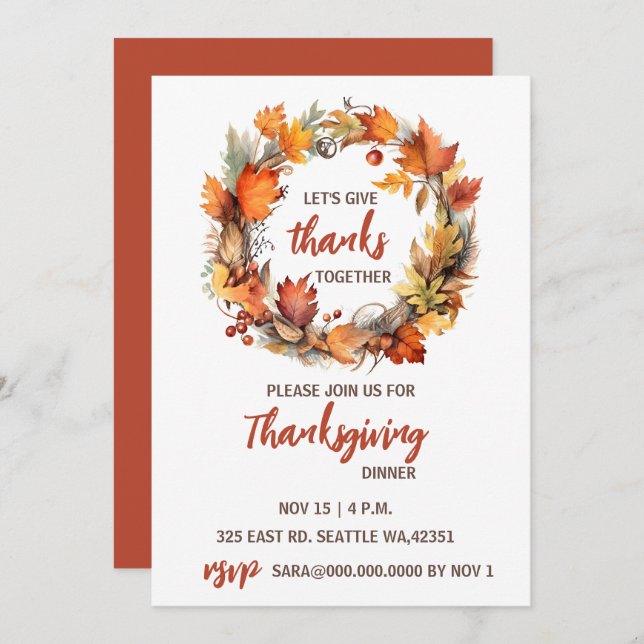 Autumn Fall Wreath Thanksgiving Dinner Invitation (Front/Back)
