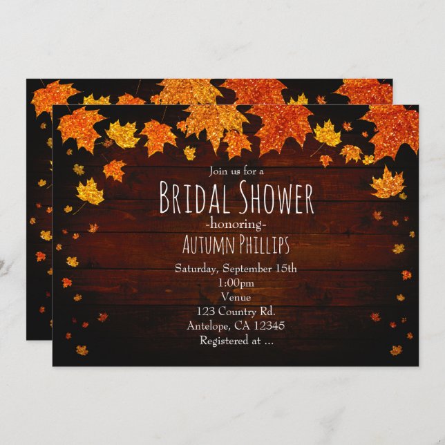 Autumn Falling Glittery Leaves Rustic Invitations (Front/Back)