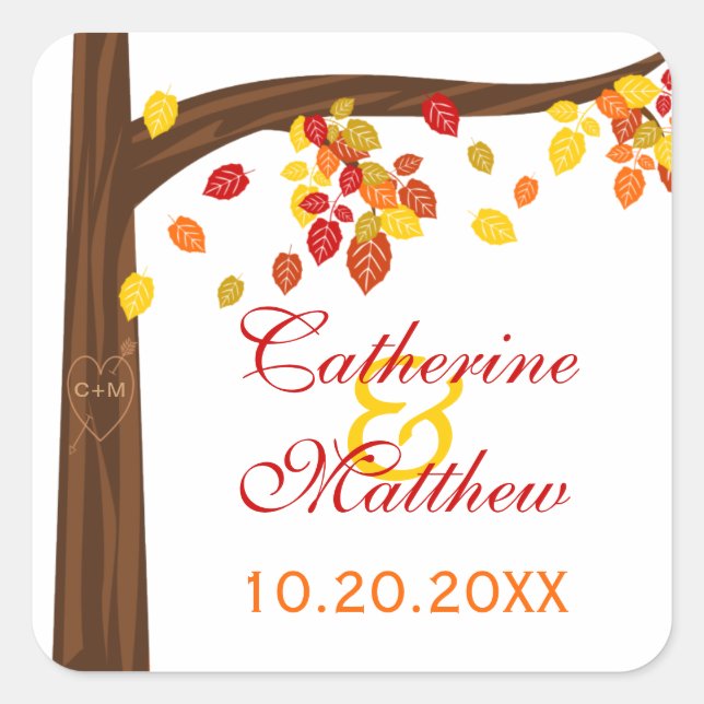 Autumn Falling Leaves Save The Date Stickers (Front)