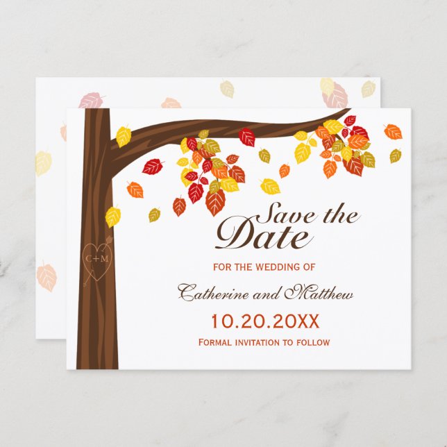 Autumn Falling Leaves Wedding Save The Date Announcement Postcard (Front/Back)