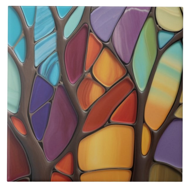 Autumn - Faux Stained Glass Mosaic Abstract Art Ceramic Tile (Front)