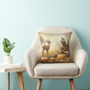 Autumn Fawn and Bird In a Pumpkin Patch Cushion