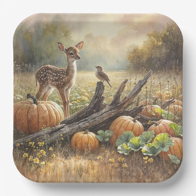 Autumn Fawn In a Pumpkin Patch Paper Plate (Front)