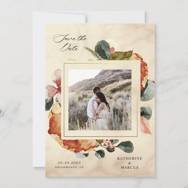 autumn feel elegant floral save the date invitation (Front)