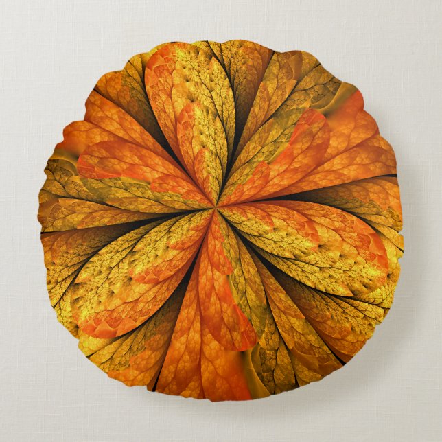 Autumn Feeling, Modern Abstract Fractal Flower Round Cushion (Front)