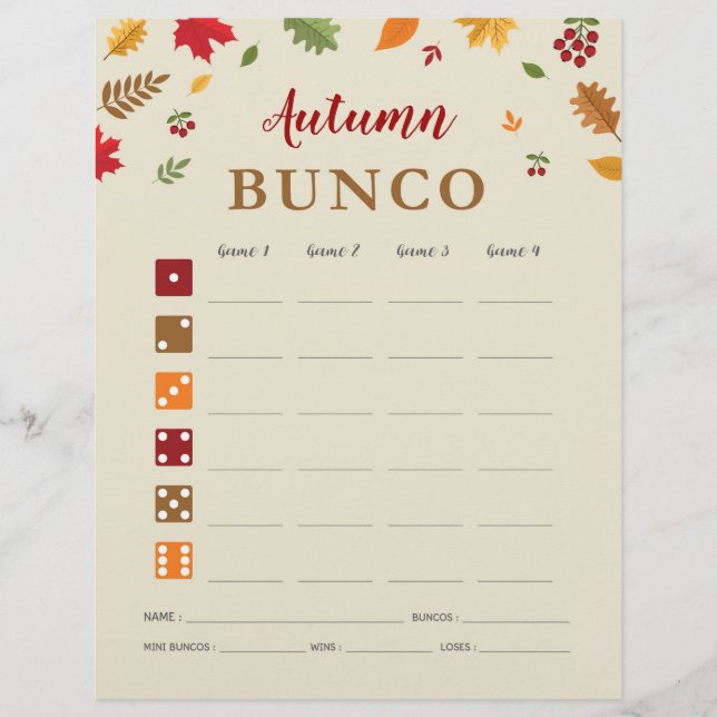 Autumn Festival Bunco Party Game Score Card (Front)