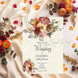 Autumn floral and gold blank wedding invitation