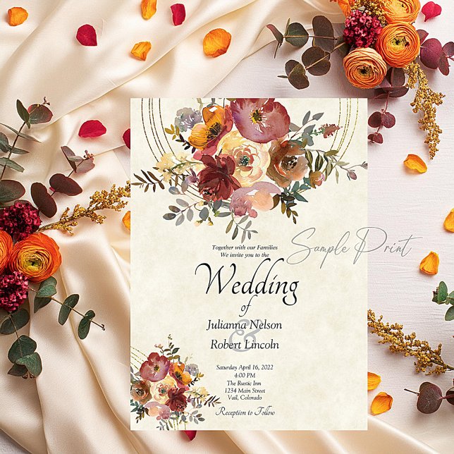 Autumn floral and gold blank wedding invitation (Creator Uploaded)