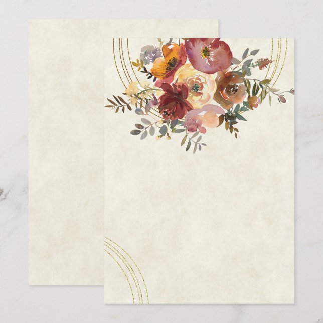 Autumn floral and gold blank wedding invitation (Front/Back)