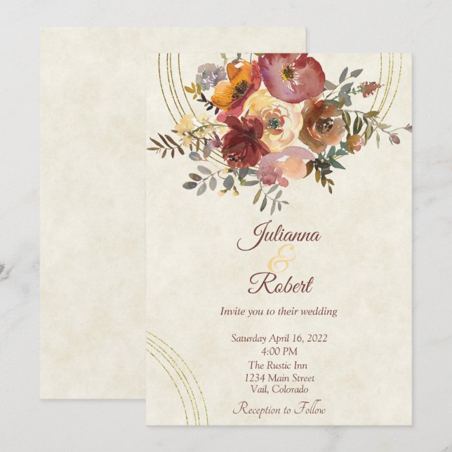 Autumn floral and gold custom wedding invitation (Front/Back)
