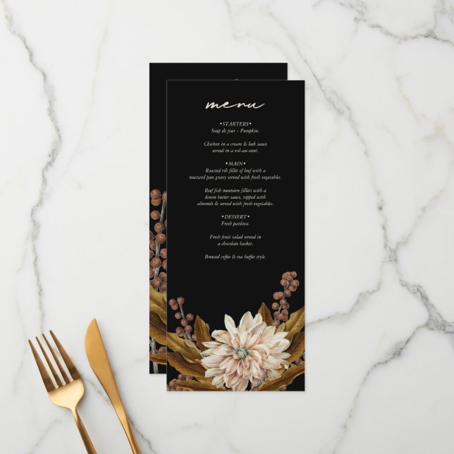 Autumn Floral Black Watercolor Fall Wedding Menu (Front/Back In Situ)