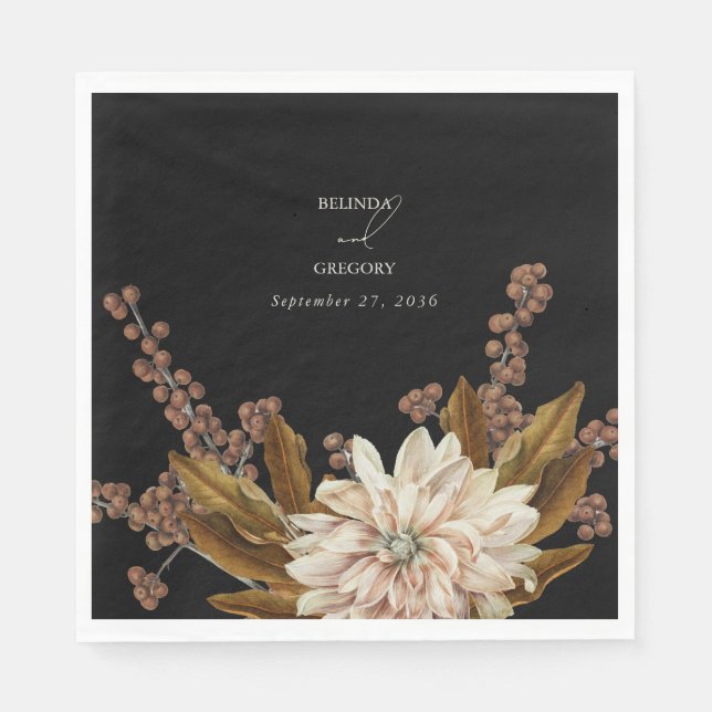 Autumn Floral Black Watercolor Fall Wedding Napkin (Front)