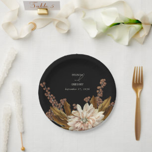 Autumn Floral Black Watercolor Fall Wedding Paper Plate