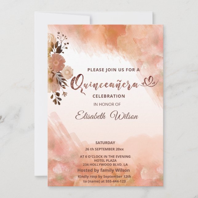 Autumn floral blushed cantaloupe watercolor invitation (Front)