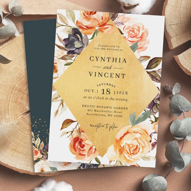 Autumn Floral Bouquet Gold Diamond Frame Wedding Invitation (Make your wedding invitation as special as your big day with this customizable design!)