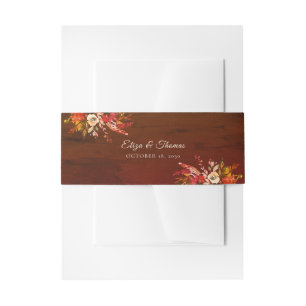Autumn Floral Bouquet Marbled Brown Wedding Invitation Belly Band