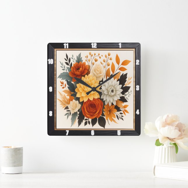 Autumn Floral Bouquet Nature  Square Wall Clock (Home)