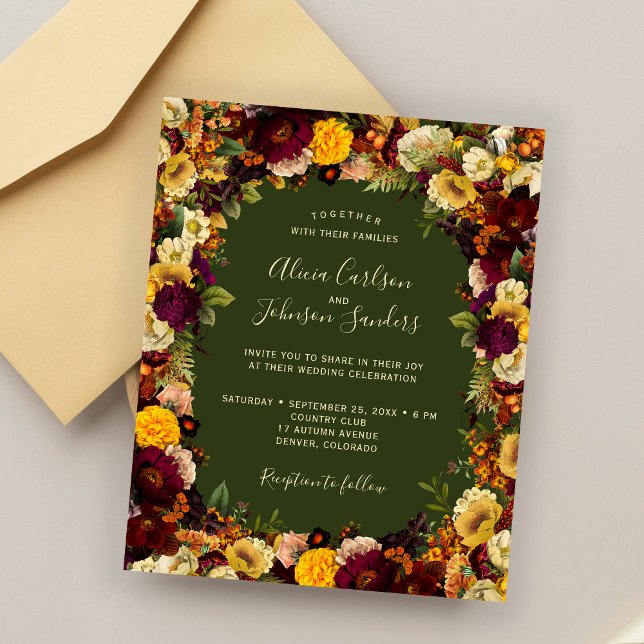 Autumn floral budget green wedding invitation (Creator Uploaded)
