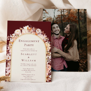 Autumn Floral Burgundy Arch Photo Engagement Party Invitation