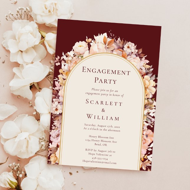 Autumn Floral Burgundy Cream Arch Engagement Party Invitation (Creator Uploaded)