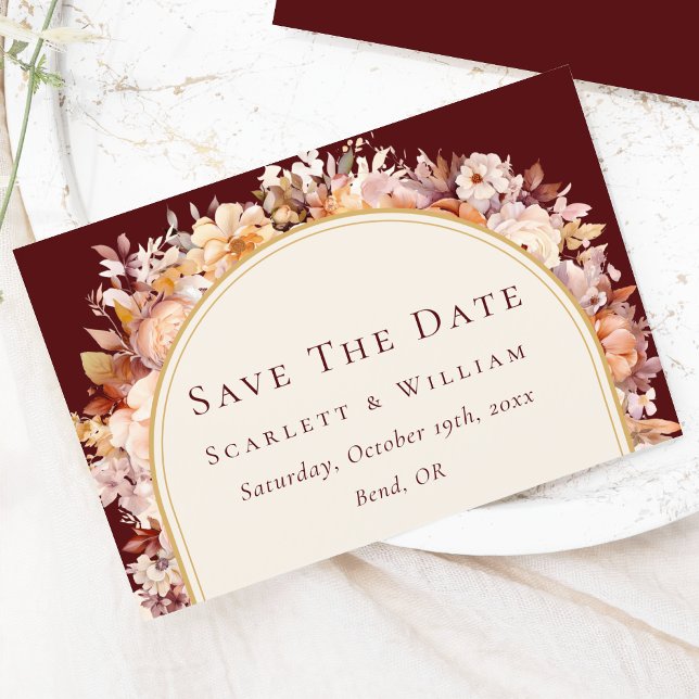 Autumn Floral Burgundy Cream Arch Wedding Save The Date (Creator Uploaded)