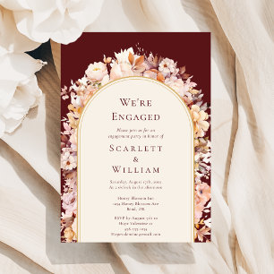 Autumn Floral Burgundy Cream Arch We're Engaged Invitation