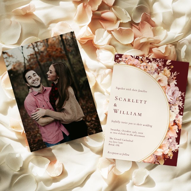 Autumn Floral Burgundy Cream Modern Photo Wedding Invitation (Creator Uploaded)