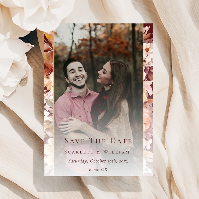 Autumn Floral Burgundy Cream Modern Wedding Photo Save The Date (Creator Uploaded)