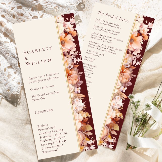 Autumn Floral Burgundy Cream Modern Wedding Program (Creator Uploaded)