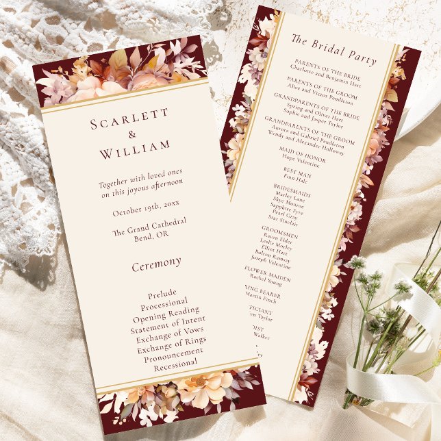 Autumn Floral Burgundy Cream Simple Wedding Program (Creator Uploaded)