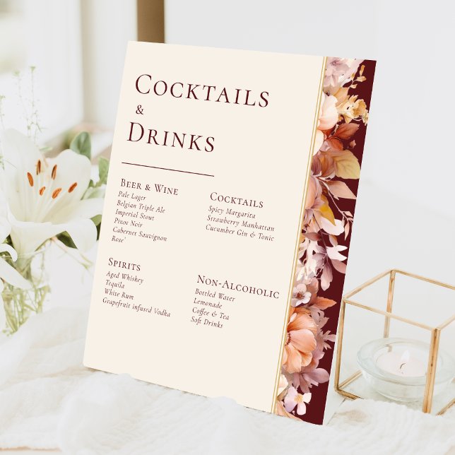Autumn Floral Burgundy Cream Wedding Drinks Bar Pedestal Sign (Creator Uploaded)