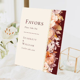 Autumn Floral Burgundy Cream Wedding Favours Pedestal Sign