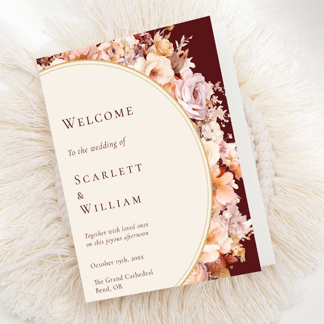 Autumn Floral Burgundy Cream Wedding Program (Creator Uploaded)