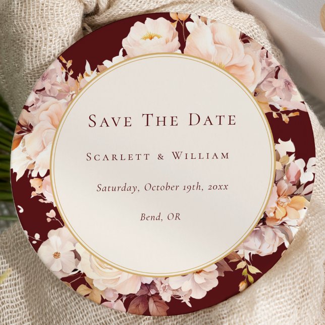 Autumn Floral Burgundy Cream Wedding Round Save The Date (Creator Uploaded)