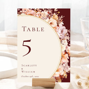 Autumn Floral Burgundy Cream Wedding Table Number