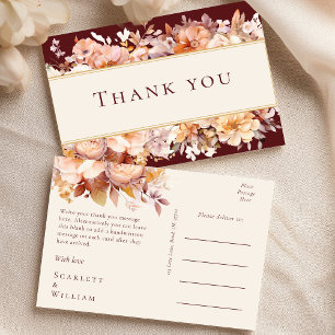 Autumn Floral Burgundy Cream Wedding Thank You Postcard