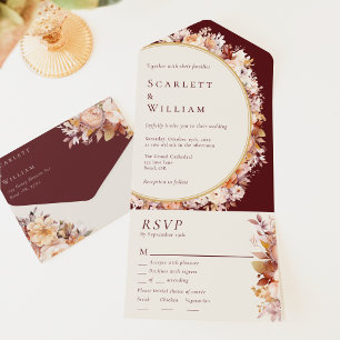 Autumn Floral Burgundy Menu Choice RSVP Wedding All In One Invitation