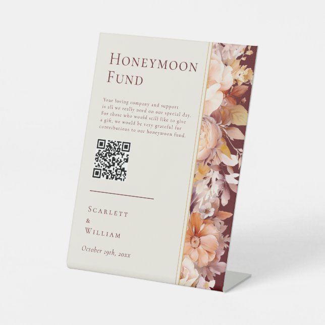 Autumn Floral Burgundy Wedding Honeymoon Fund Sign (Front)