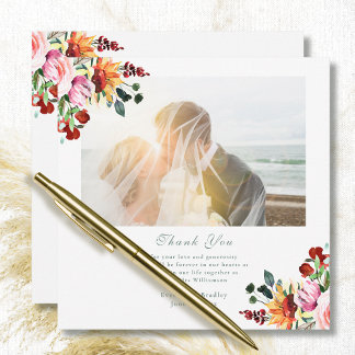 Autumn Floral Burgundy Wedding Thank You Card
