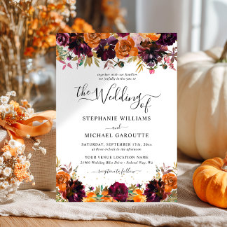 Autumn Floral Burnt Orange Gold Glitter Wedding Invitation