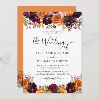 Autumn Floral Burnt Orange Gold Glitter Wedding Invitation