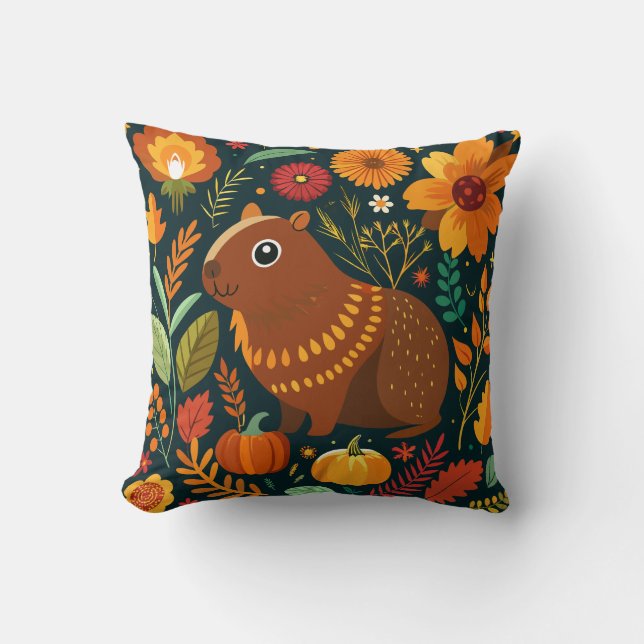 Autumn Floral Capybara Throw Pillow (Front)