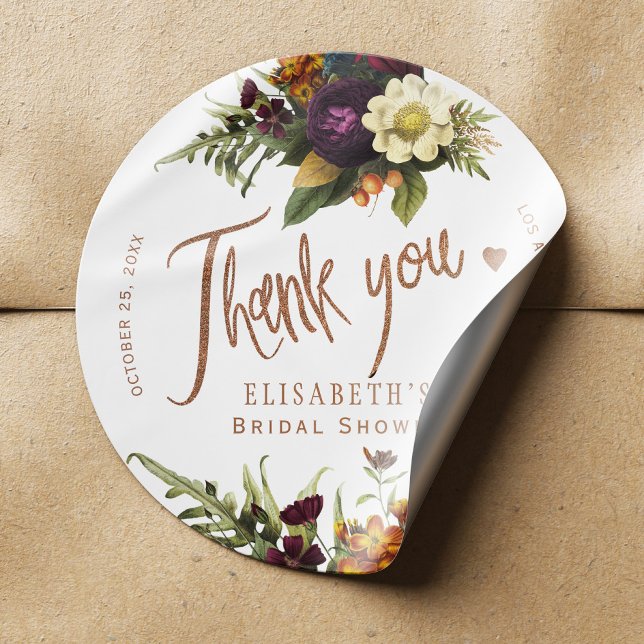 Autumn floral copper bridal shower thank you classic round sticker (Creator Uploaded)