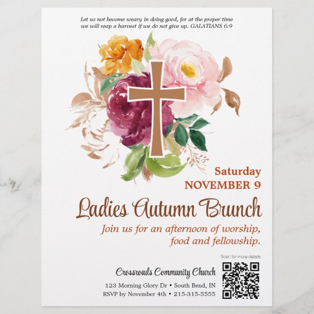 Autumn Floral Cross Church Ladies Brunch  Flyer (Front)