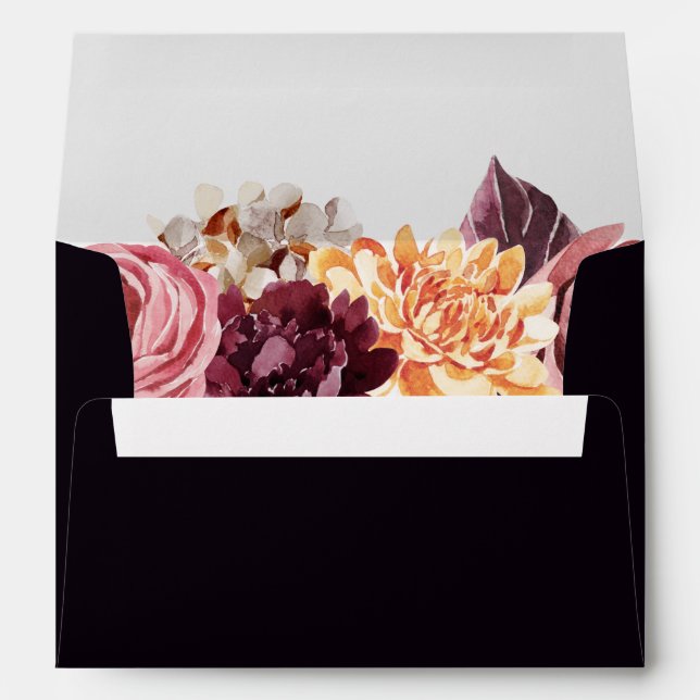 Autumn Floral Dark Purple Background Invitation Envelope (Back (Bottom))