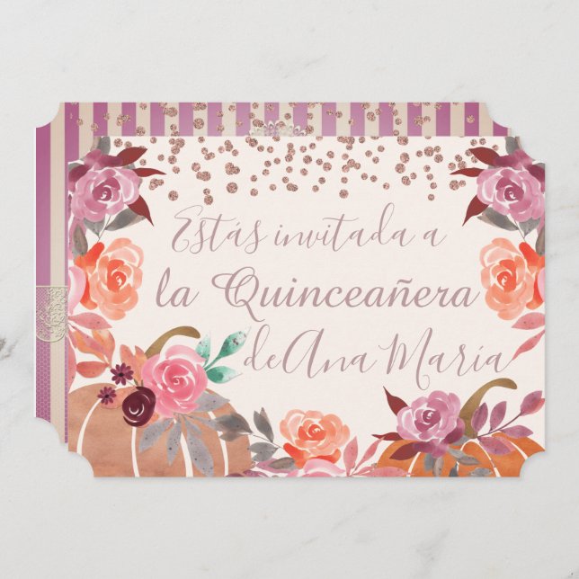 Autumn Floral de Borgoña Quinceanera Celebración Invitation (Front/Back)